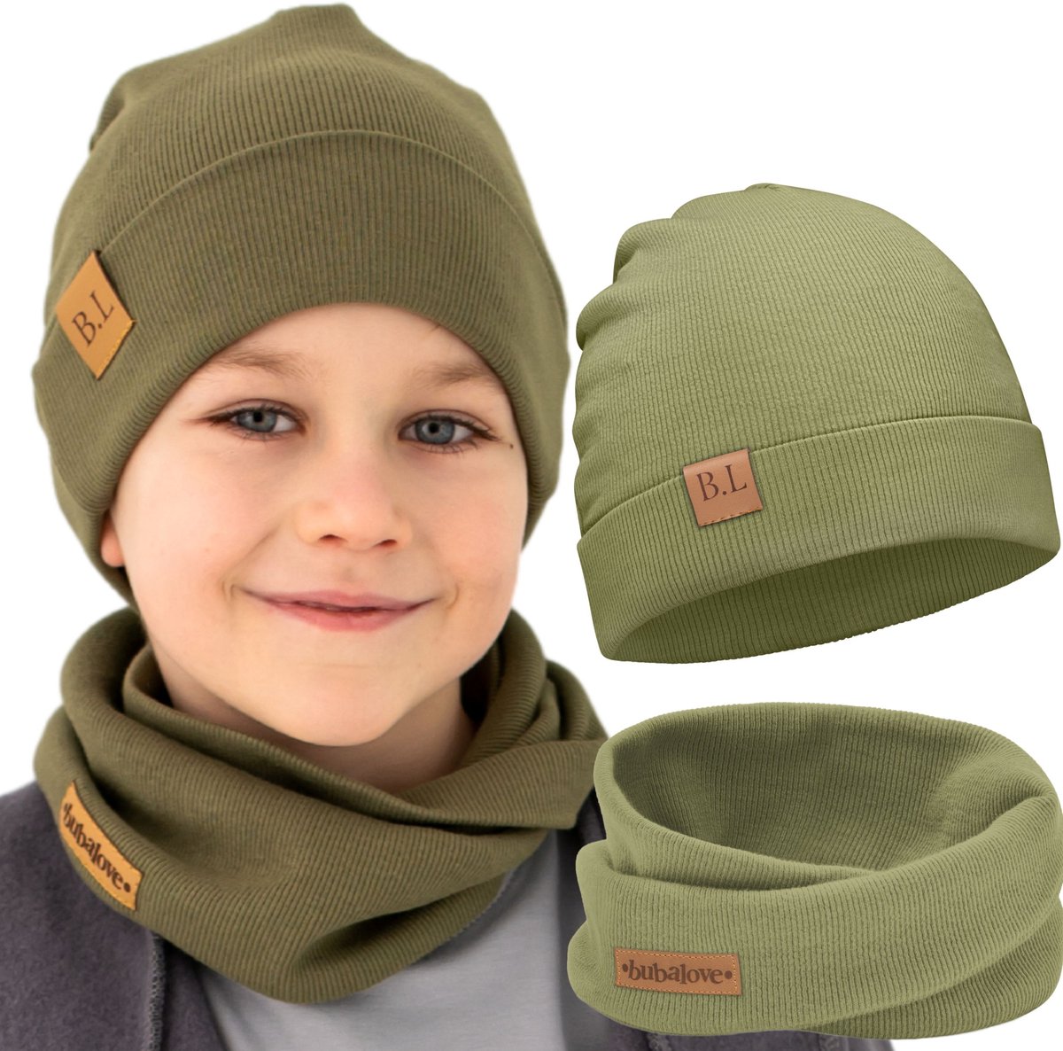 Kinder muts en sjaal set - Olijfgroen - 40-46 cm - Katoen