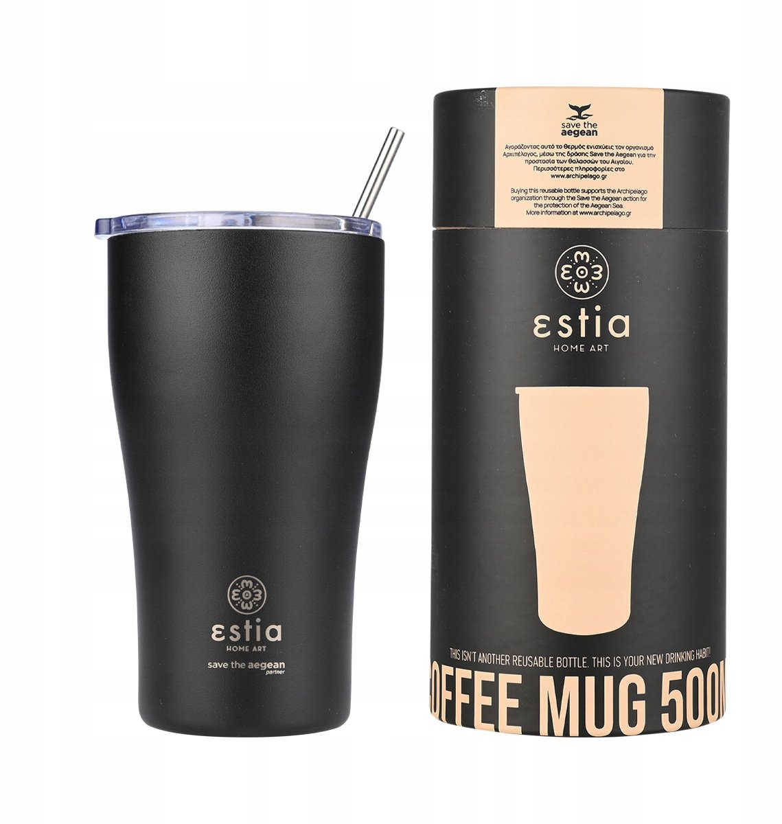Zwarte Thermobeker 500ml met RVS Rietje - Houdt Drankjes Warm/Koud