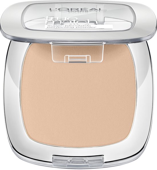 L'Oréal Paris True Match poeder in compact met zilveren rand en doorzichtige deksel. Licht beige poeder.
