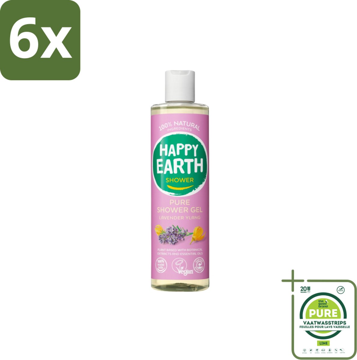 Happy Earth – Douchegel – 100% Natuurlijk Lavender Ylang – 300 ml - Voordeelverpakking - 6 stuks - Douche gel - Natuurlijke douche