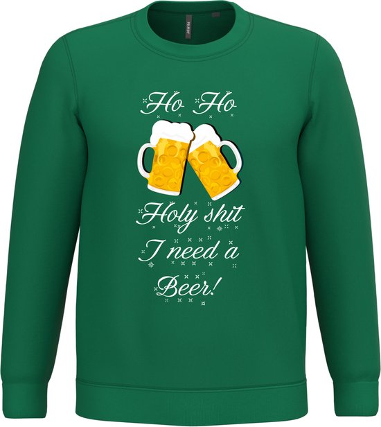 Kersttrui Ho Ho Holy Shit I Need a Beer | Foute Kersttrui heren dames | Christmas Sweater | Groen | maat S