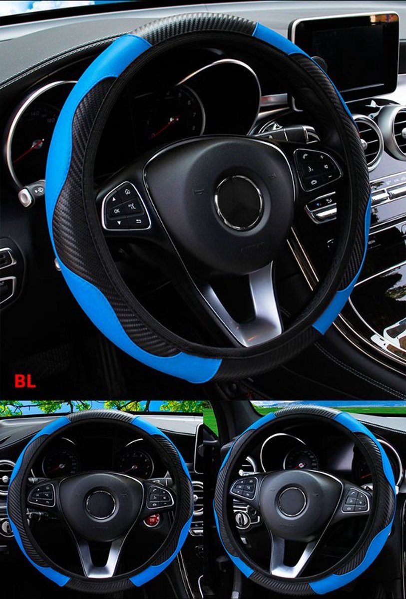COCHO® SportDrive Set – Blauw | Stuurhoes + 2x Gordelhoezen + Auto Interieur Verlichting | Luxe Comfort Auto Upgrade | Universeel 37–39 cm