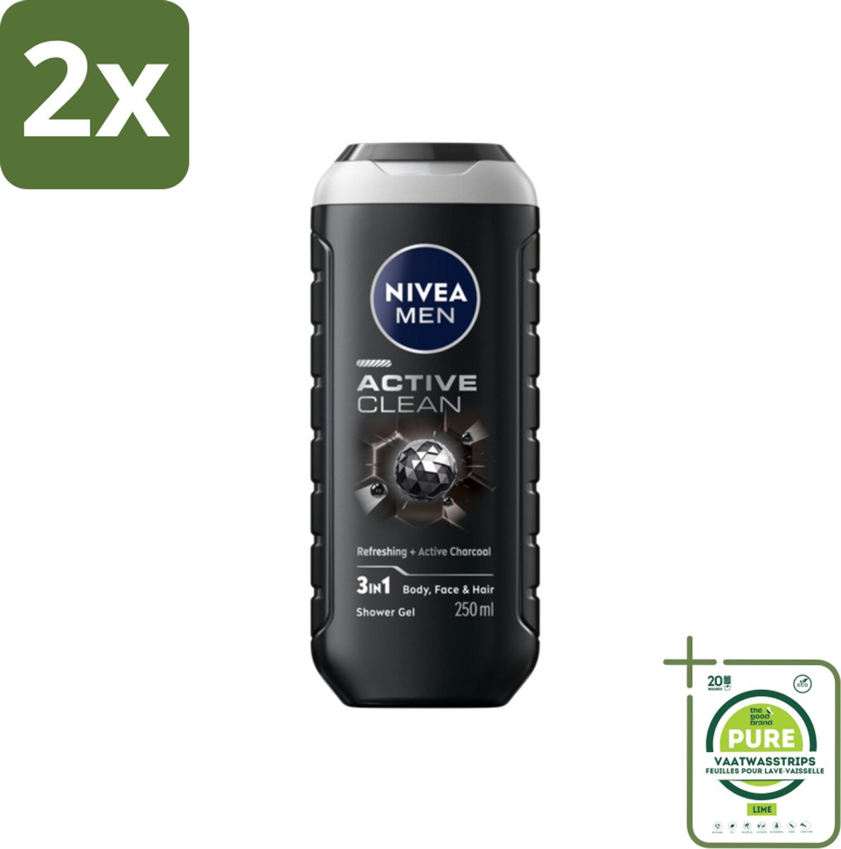 NIVEA MEN - Douchegel - Active Clean - 250 ml - Voordeelverpakking - 2 stuks - Douchegel - Reiniging