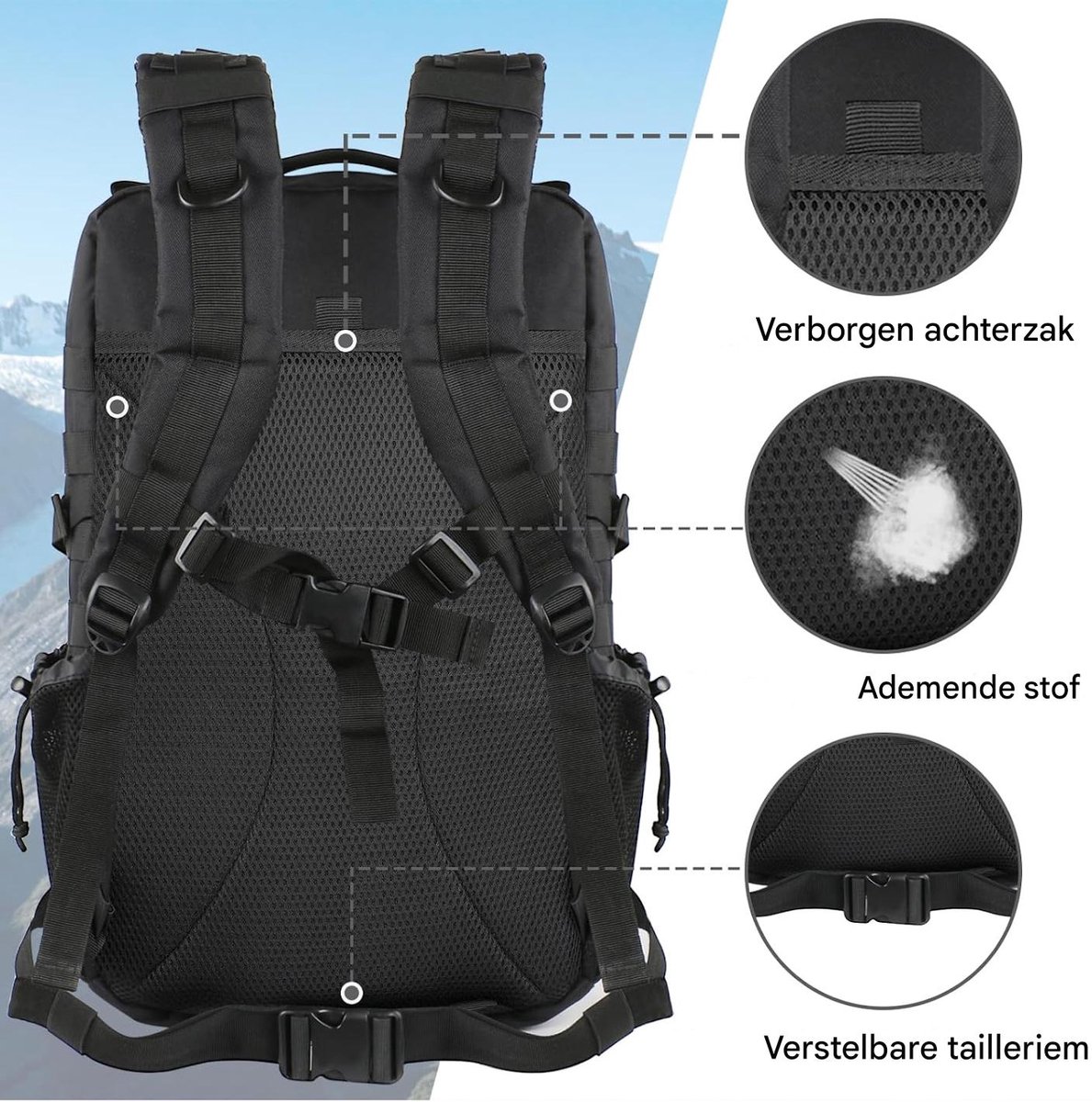 YOREPEK Tactical Rugzak 45L Zwart - Militaire Backpack voor Dames & Heren - Waterafstotende MOLLE Wandelrugzak met 17 Inch Laptopvak - Army Bag voor Outdoor, Camping, Hiking, Survival, Reizen & Fitness – foto 2