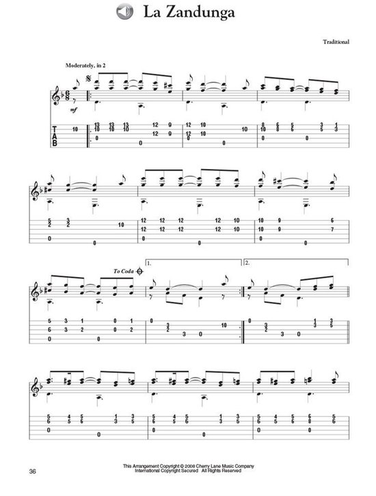 Muziekblad voor La Zandunga, een gitaarnummer. Bevat muzieknotatie en tabulatuur.