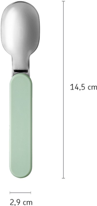 Cuillère pliable avec manche vert pastel, mesurant 14,5 cm de long et 2,9 cm de large.