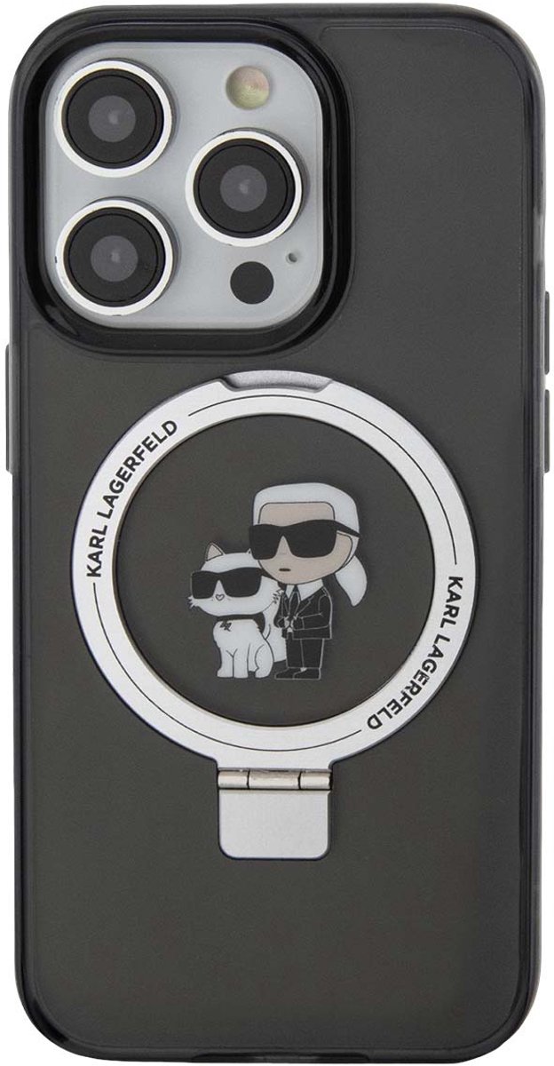Karl Lagerfeld Ring Stand Karl & Choupette Hard Case Back Cover met MagSafe voor Apple iPhone 15 Pro Max - Zwart
