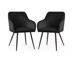 Set van 2 Eetkamerstoelen VELTO met Armleuningen / Gestoffeerde Stoelen / Fluwelen Stoelen en Metalen Poten / Zwart met zwarte benen