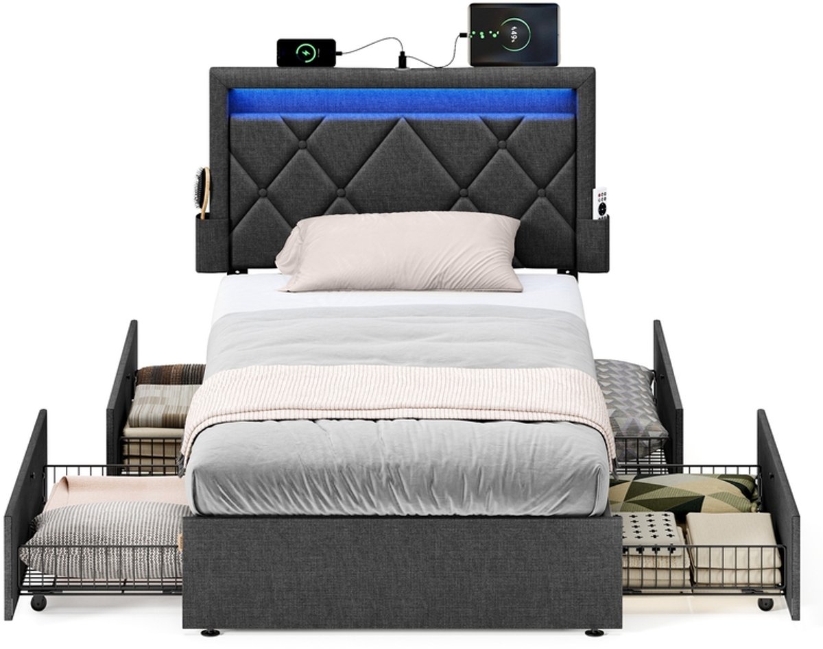 Metalen bedframe met ledverlichting en lades - 210,2 x 95 x 88,2 cm - Donkergrijs