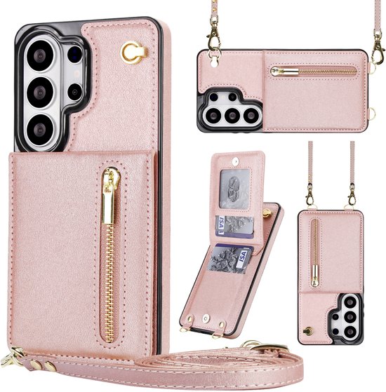 Roze telefoonhoesje met rits, kaarthouder, schouderriem en gedetailleerde weergaven.