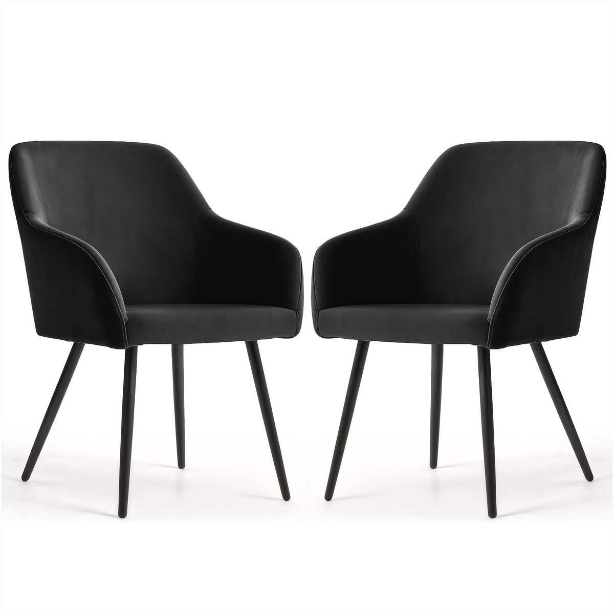 Set van 2 Eetkamerstoelen ESTELLE met Armleuningen / Gestoffeerde Stoelen / Fluwelen Stoelen en Metalen Poten / Zwart met zwarte benen