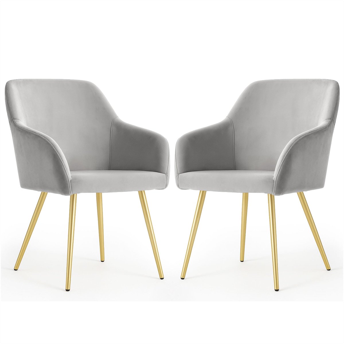 Set van 2 Eetkamerstoelen ESTELLE met Armleuningen / Gestoffeerde Stoelen / Fluwelen Stoelen en Metalen Poten / Grijs met gouden benen