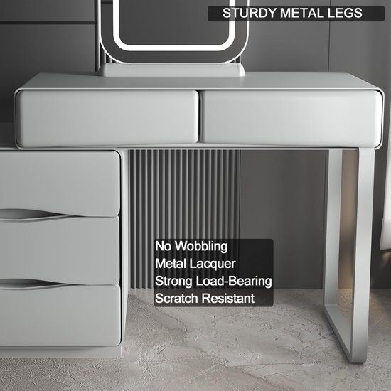 Saimeihome Make-uptafel met dimbare verlichting in 3 lichtkleuren, kaptafel met spiegel en kruk, moderne kaptafel met 6 laden en 6 vakken, 80 x 36 x 130 cm