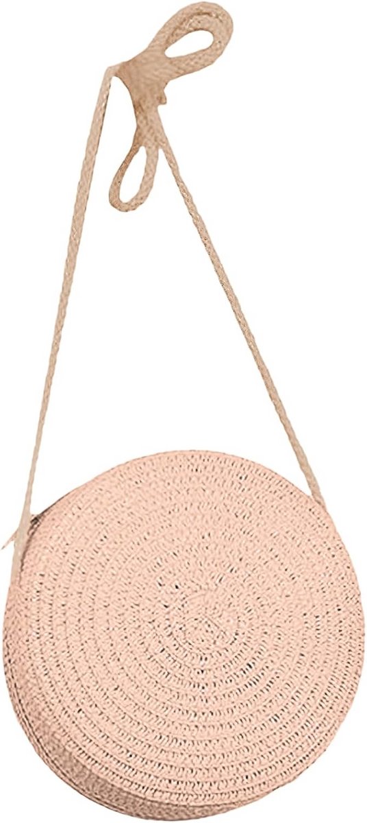 Handgemaakte Ronde Rietentas Schoudertas Boho Strandtas met Rits Roze Groot