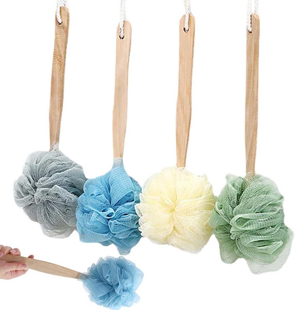 Luxe Rugborstel Douche met Lange Steel - 4 Stuks Body Scrubber voor Exfoliëren