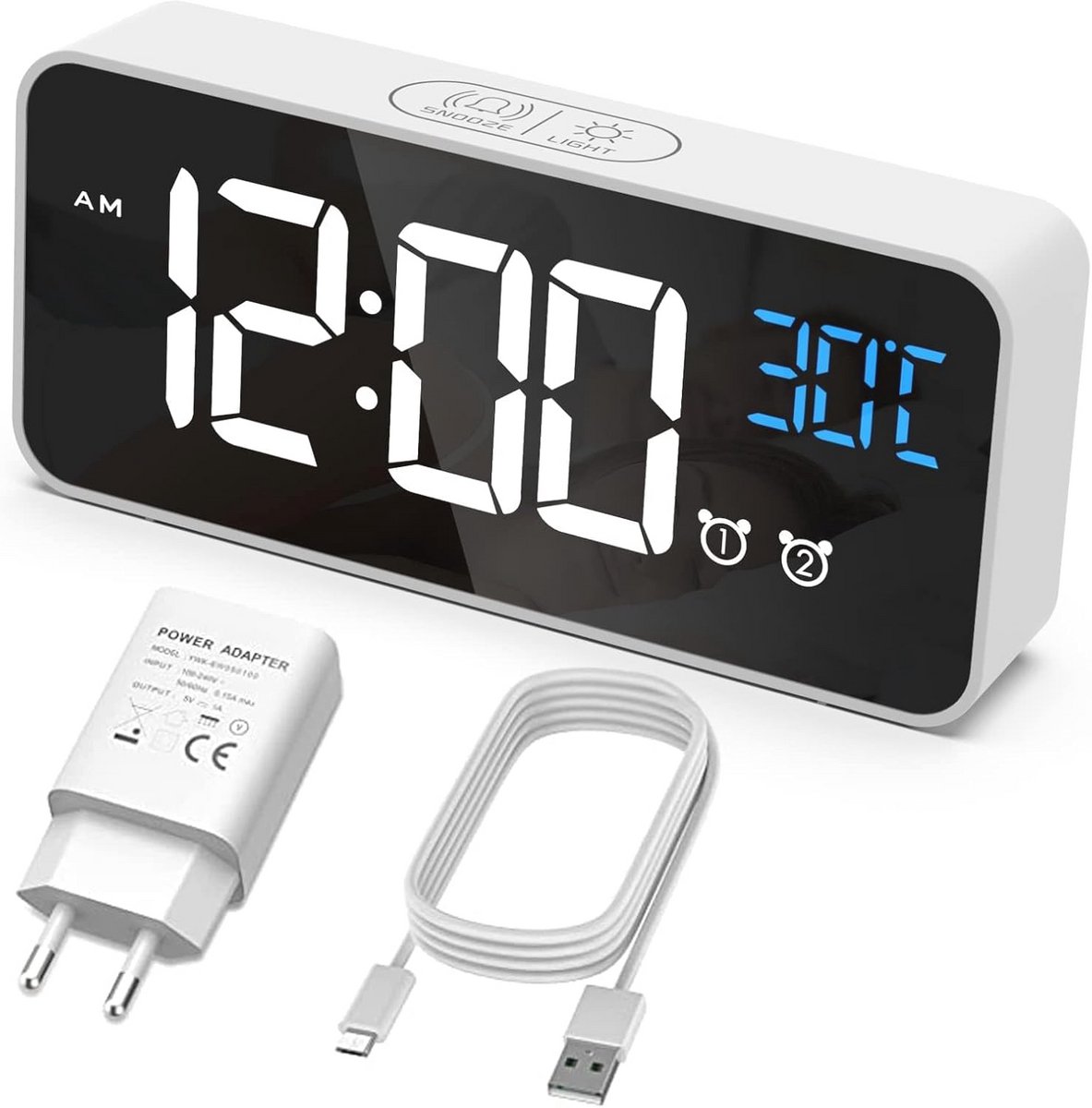 Digitale Wekker met Temperatuur, 2 Alarmen, Snooze-functie, USB Oplaadpoort en Helderheidsniveaus