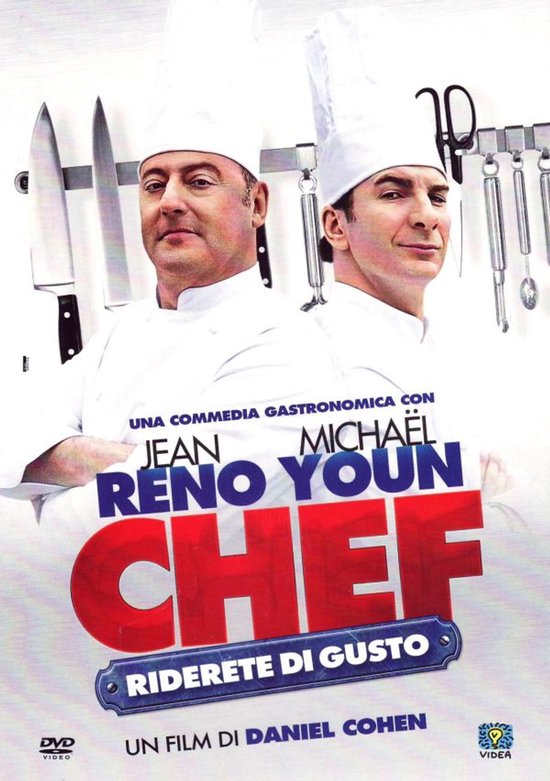 Twee mannen in koksbuizen en mutsen, "Jean Reno Youn Chef" staat in grote letters.