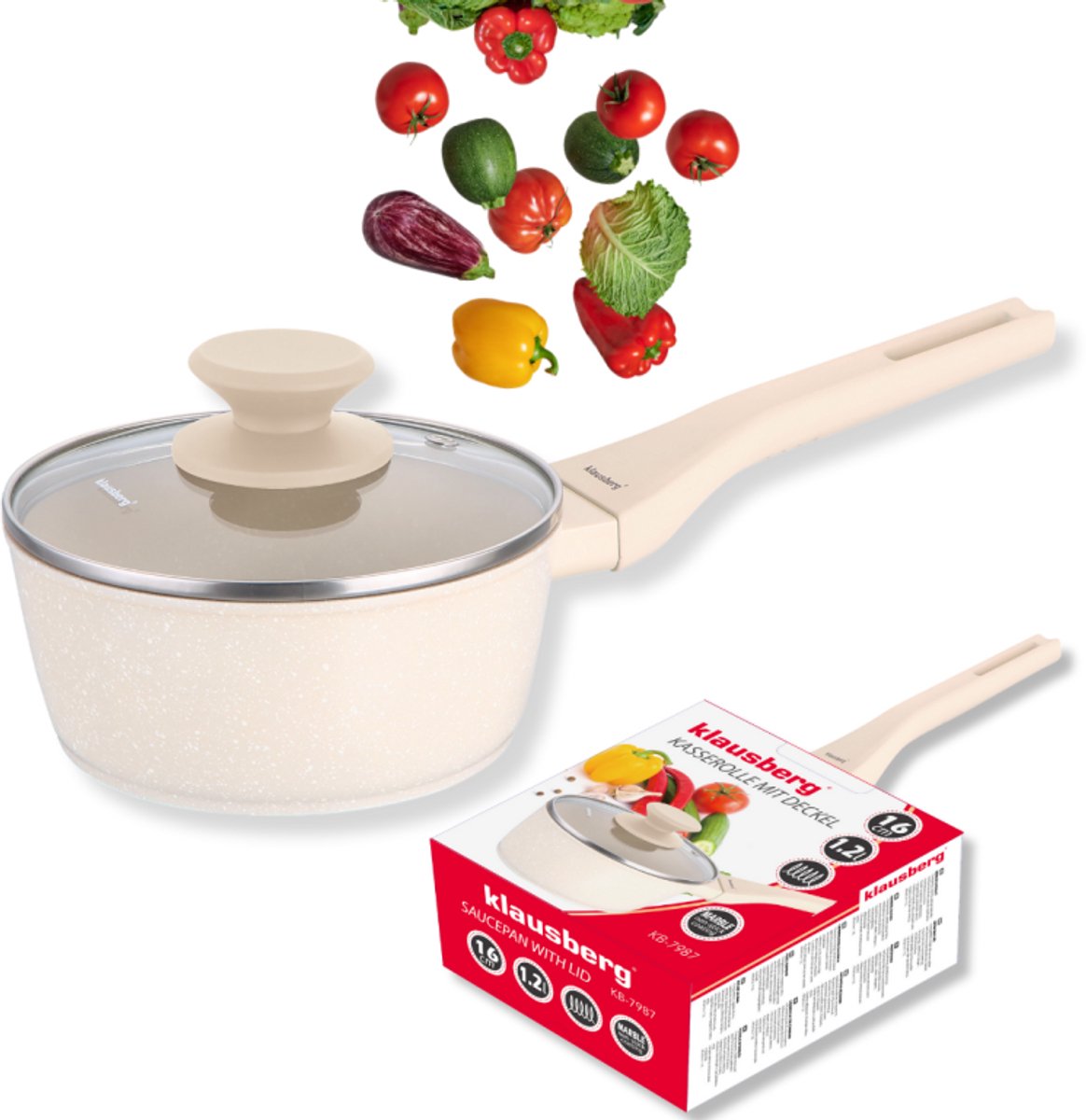 Klausberg Steelpan - Sauspan met Deksel - Inductie Steelpan Marble Anti-aanbak - Kleine Kookpan - voor Melk, Saus & Havermout - 1.2L - Ø16 x 7cm - Crème van KLAUSBERG