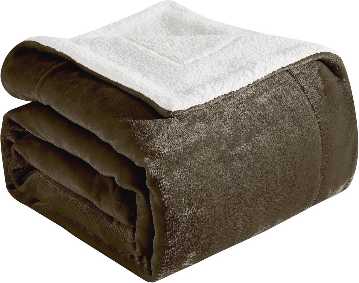 Omkeerbare flanellen sherpadeken - Zijdeachtige fleece plaid voor bank en bed - Pluche donzige winterdeken voor cadeau, Twin XL, bruin