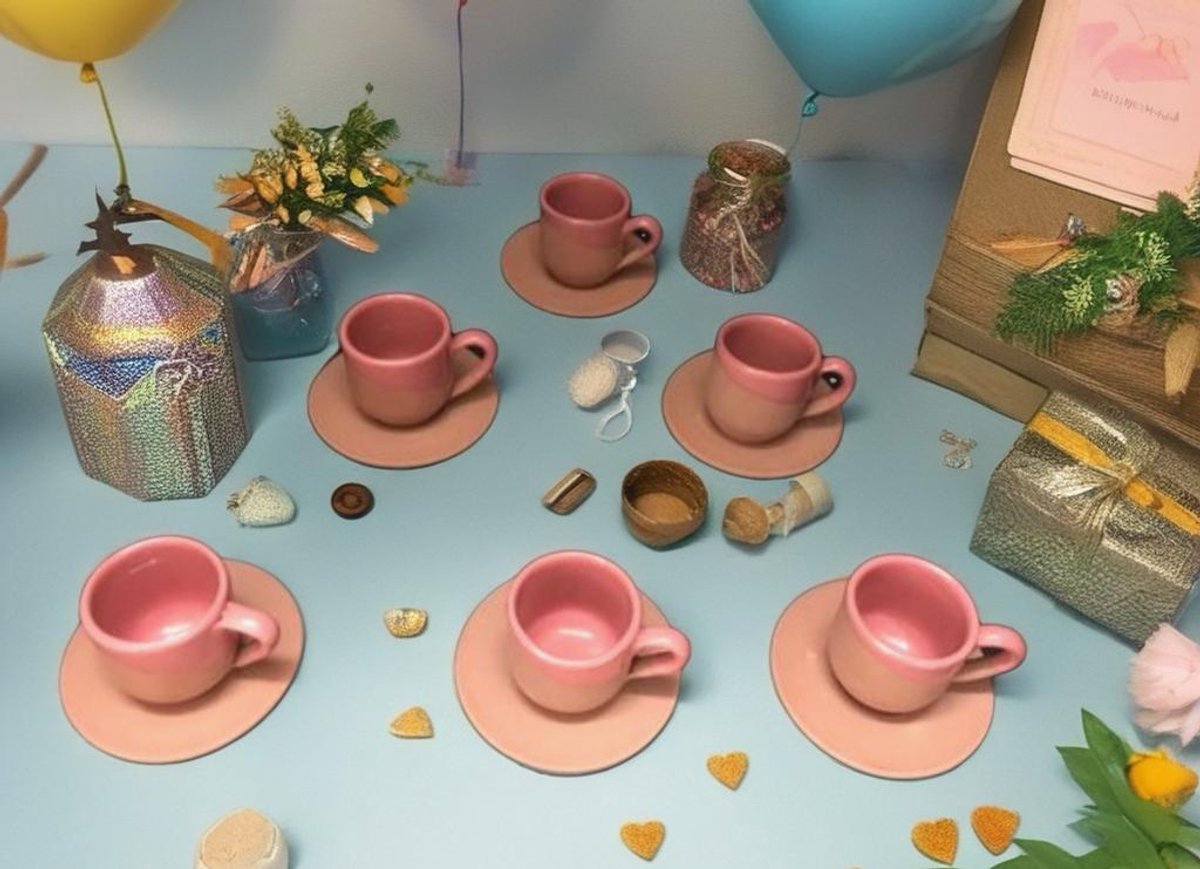 Keramiek Roos theeset - handgemaakte koffiekopjes en schoteltjes - 6 stuks theekopjes esspresso