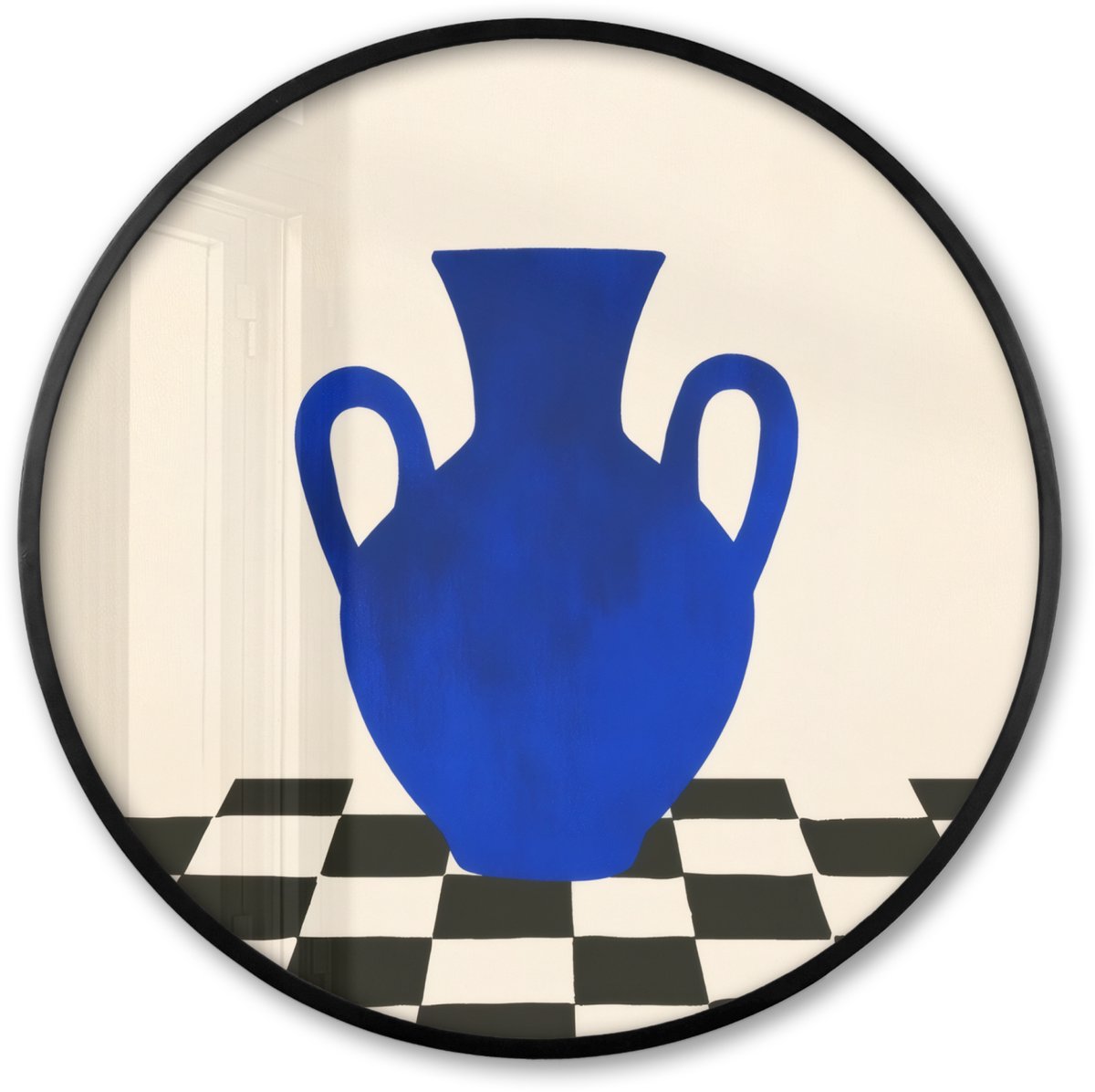 FrameYourWall Poster in lijst Rond - Fotolijst 80x80 cm - Posters - Vaas - Blauw - Geblokt - Modern - Ronde posterlijst zwart - Decoratie - Wanddecoratie woonkamer - Muurdecoratie slaapkamer