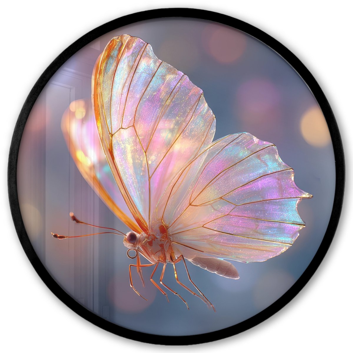 FrameYourWall Poster in lijst Rond - Fotolijst 40x40 cm - Posters - Vlinder - Vleugels - Pastel - Glinstering - Ronde posterlijst zwart - Decoratie - Wanddecoratie woonkamer - Muurdecoratie slaapkamer