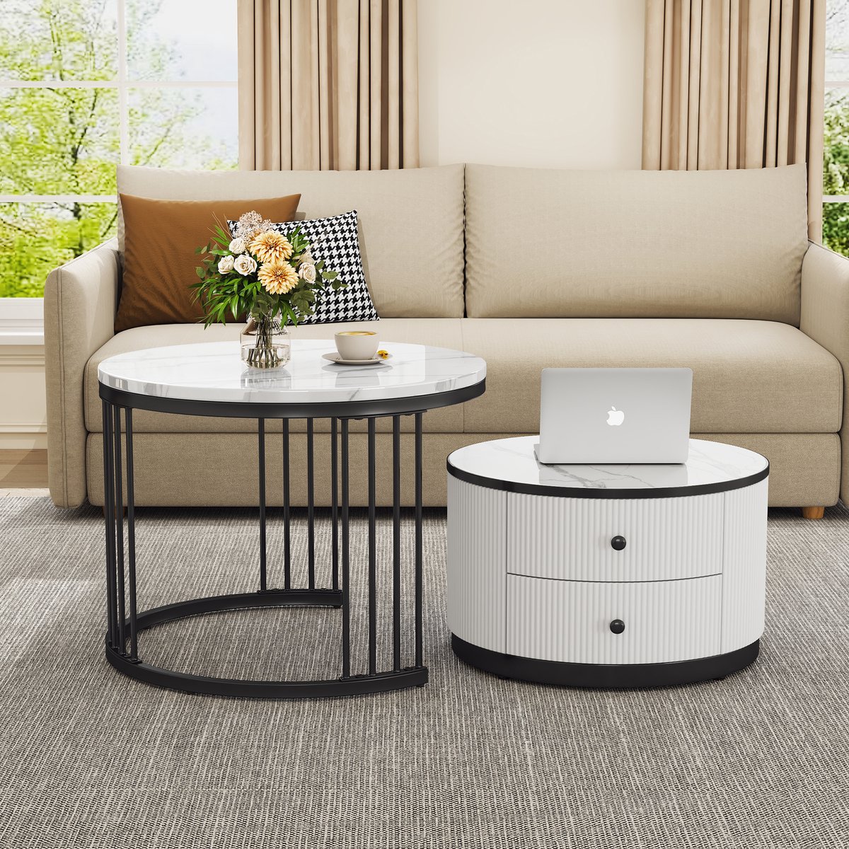 MODFU Set van 2 Salontafels, rond, 60x60x45.5 cm + 50x50x32 cm, MDF met hoogglans marmeroptiek, wit/zwart