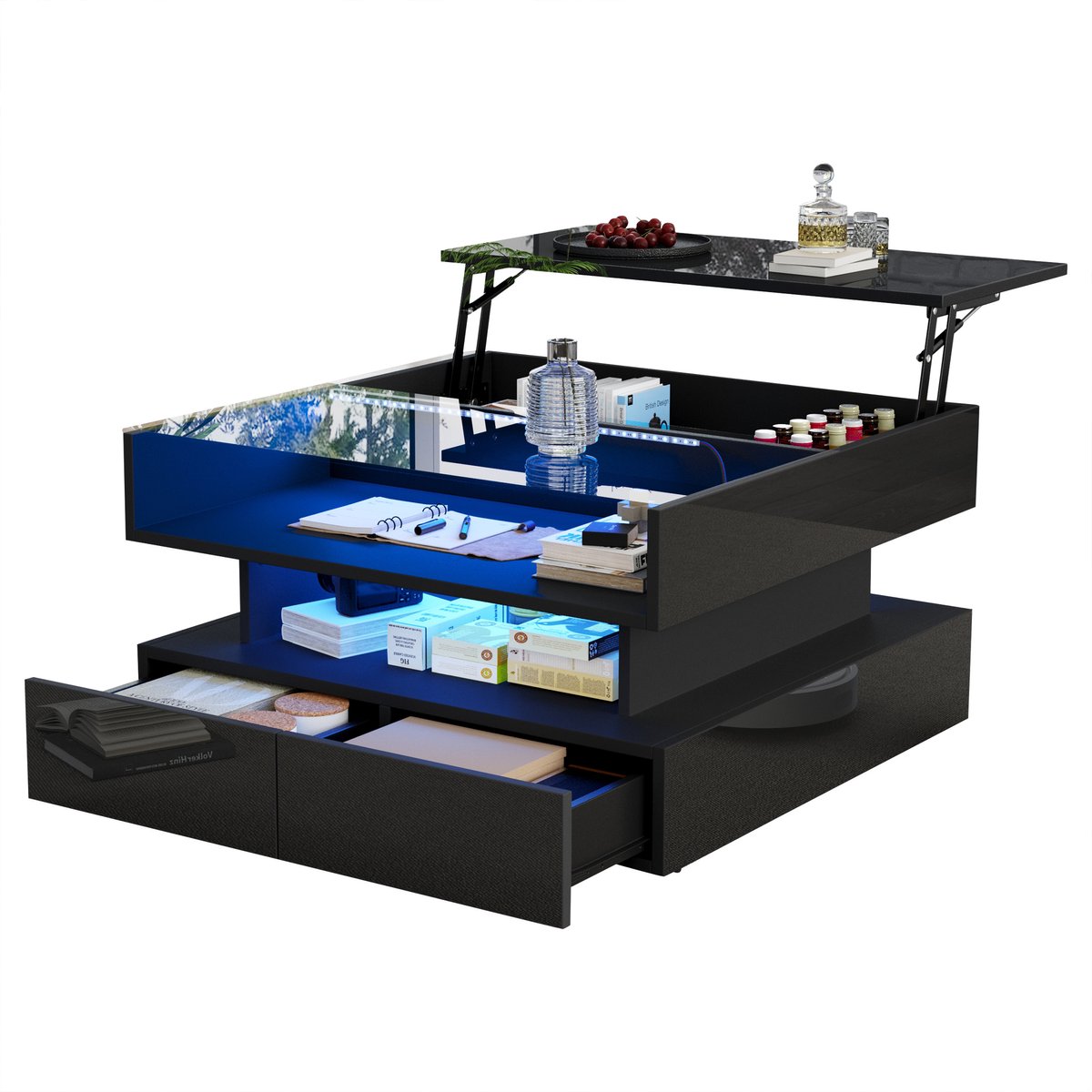 MODFU Salontafel 80x80x45 cm van spaanplaat en gehard glas, zwart met hydraulische lift en opbergruimte