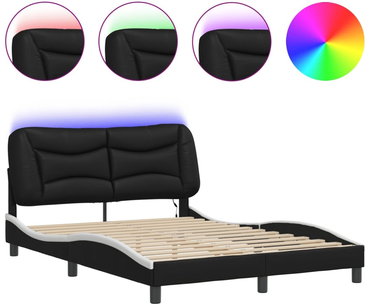 Tweepersoonsbed | Dubbelbed | Volwassenenbed | Bedframe met LED zonder matras "Hvar" zwart en wit 140x200 cm