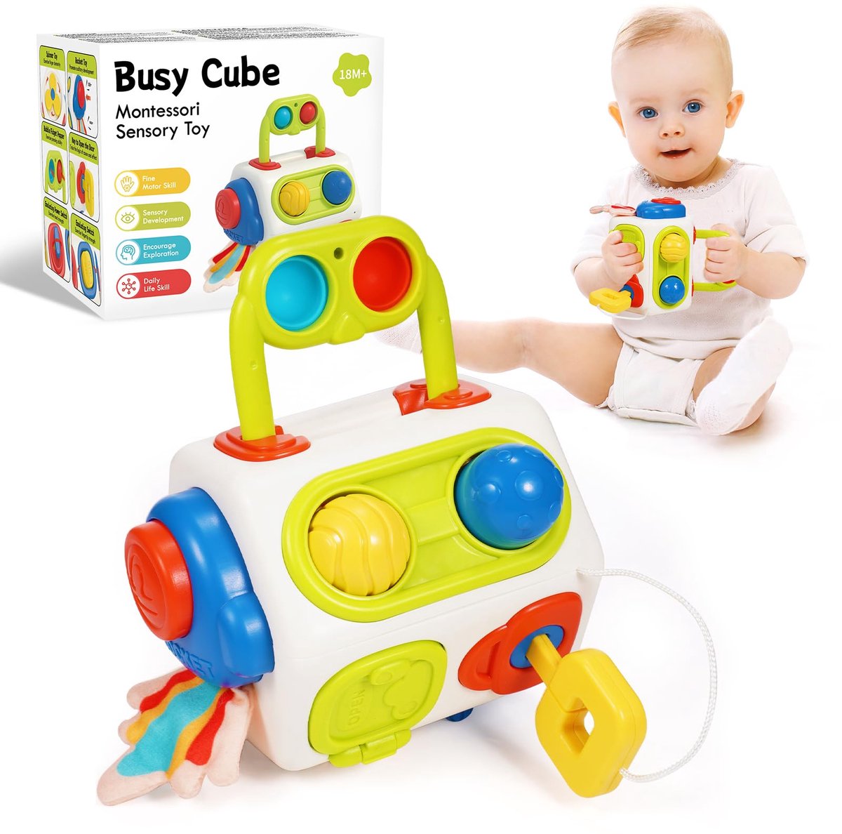 Kraftverdia - Montessori Speelgoed - 9-in-1 Bewegingsvaardigheden Kubus - Educatief speelgoed voor baby's - Speelgoed geschikt voor kinderen van 6 maanden tot 3 jaar - Baby sensorisch speelgoed - Kinderspeelgoed Onderweg - Verjaardagscadeau voor baby
