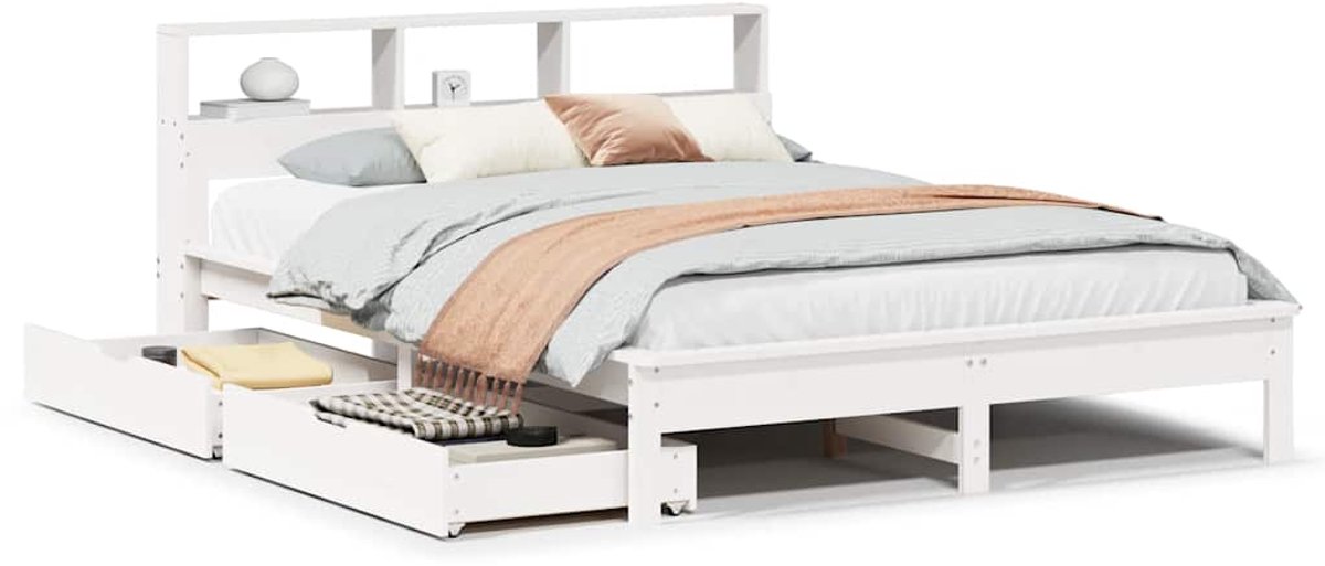 Tweepersoonsbed | Dubbelbed | Volwassenenbed | Bed met boekenkast zonder matras grenenhout wit 140x190 cm
