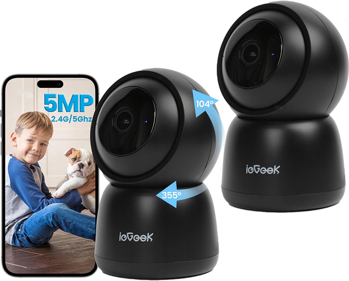 ieGeek SC1 Pro Beveiligingscamera binnen - 5MP Ultra HD - Huisdiercamera met app - Beveiligingscamera's - Wifi Camera APP - Volgt beweging en geluidsdetectie - Bewakingscamera - 2.4/5 GHz - Zwart - 2 Stuks