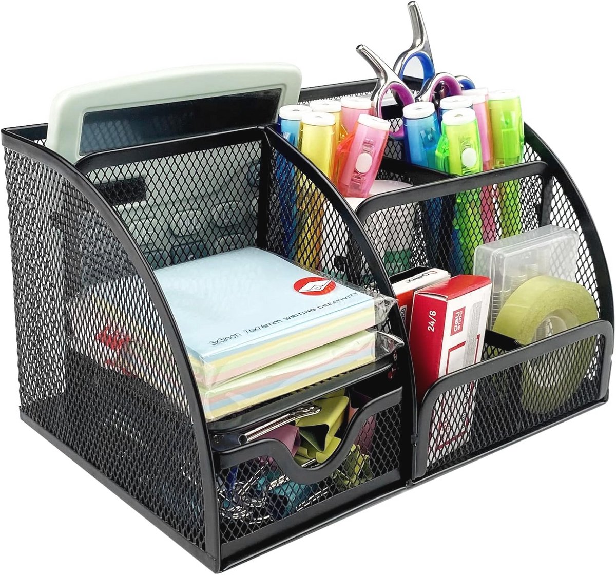 Bureau-organizer met 7 vakken - Zwart, Metalen net met uittrekbare lade