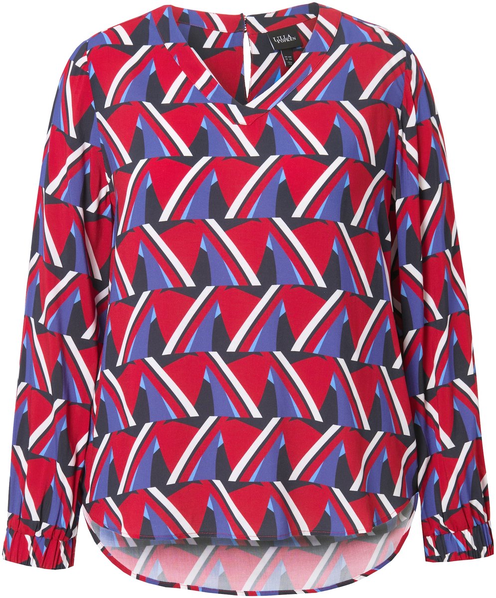 Ulla Popken - Dames - Blouse grafische print V-hals 3/4-mouwen - Robijnrood - Maat 54+