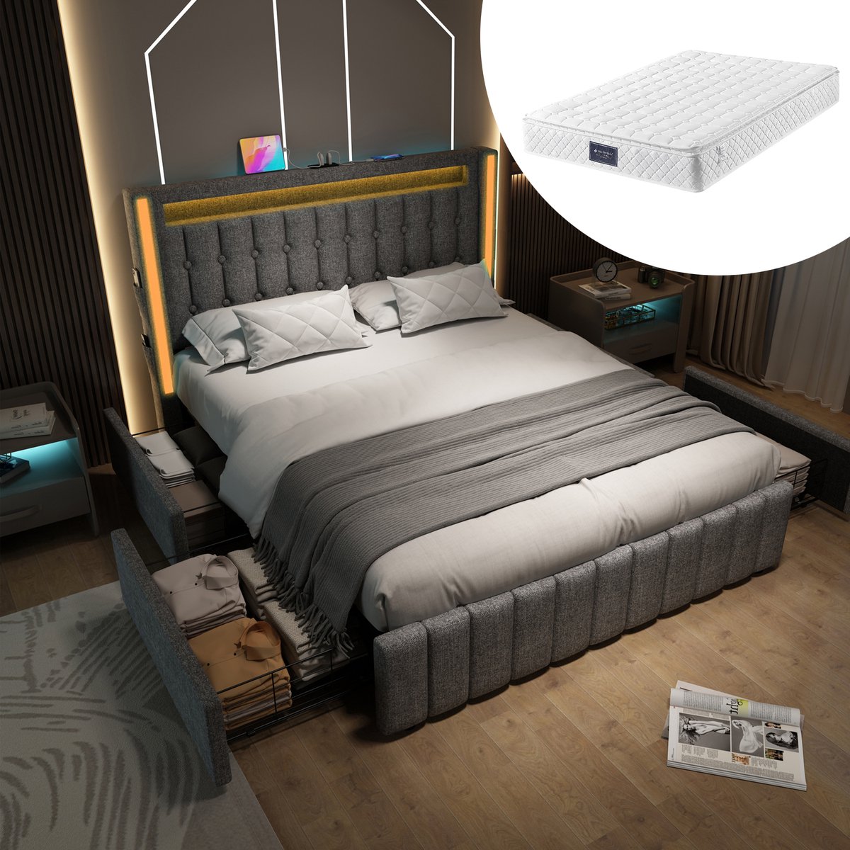 REDOM gestoffeerd bed 140×200 cm | geïntegreerde USB Type-C & 3x USB, meerkleurige LED, 4 royale opberglades, linnen grijs