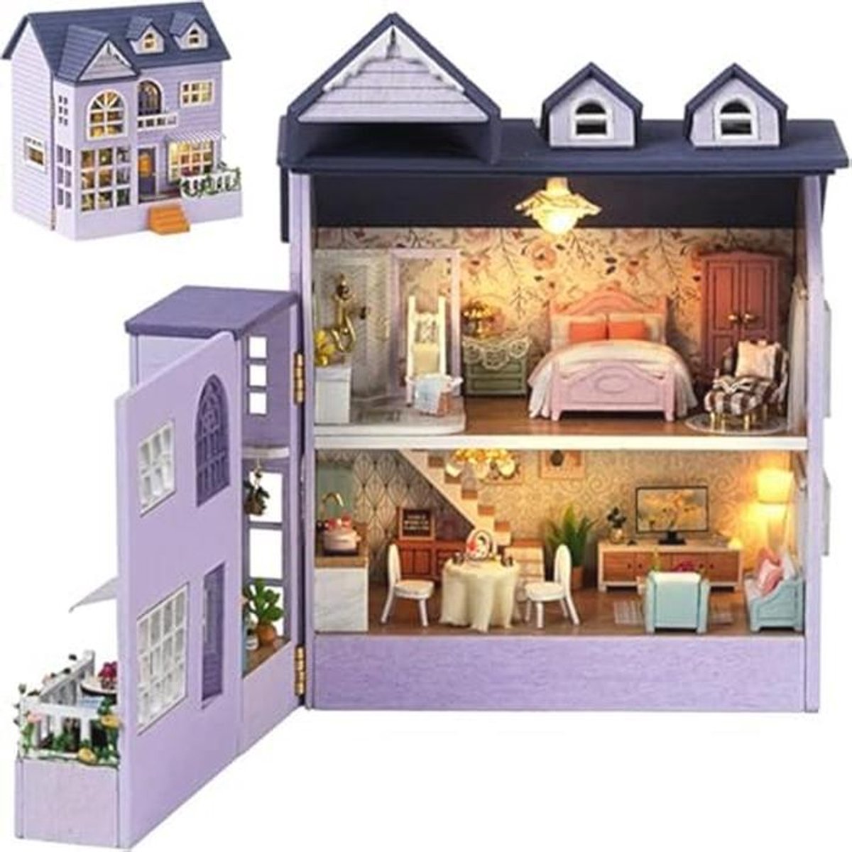 DIY Miniatuur Poppenhuis met LED Verlichting - Houten Meubelset voor Creatieve Ambachten