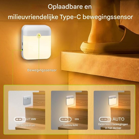 GELLDG Nachtlampjes met bewegingssensor - 2-pack - Oplaadbare Type-C LED-nachtlampjes - Warm wit licht - Automatische schakelaar - Magnetisch - Bewegingsmelder licht - Geschikt voor kinderkamers, gangen en keukens van GelldG — afbeelding 3