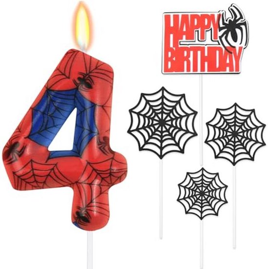 Gepersonaliseerde Happy 5e Birthday Cake Kaarsen Set, Blauw Rode Kaarsen met Spinnenweb, Nummer 5 Kaarsen Cake Toppers voor Cake, Spider Thema Party Kaars voor Jongens Meisjes 5e Verjaardag Decoraties