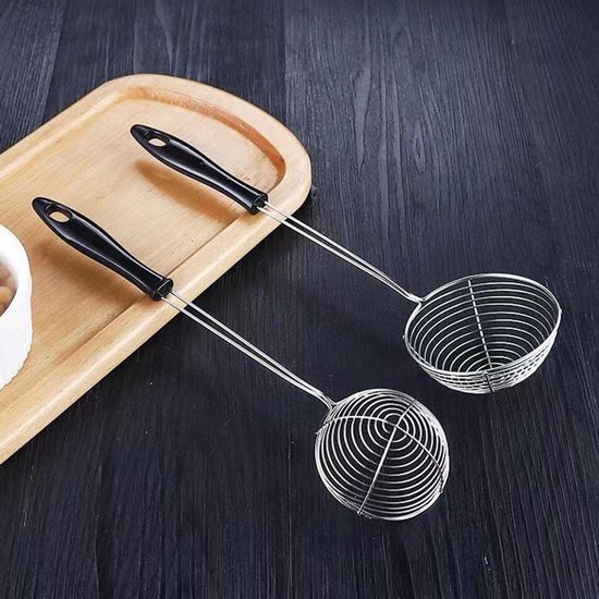 RVS Zeef Set 6 Stuks - Parelvormige Lepelzeef voor Hot Pot - Draadhandvat Kookzeef - Geschikt voor Gehaktballen en Soep - Keukenoliefilter voor Frituurvet - Zwarte Zeef met Drie Afmetingen — afbeelding 4