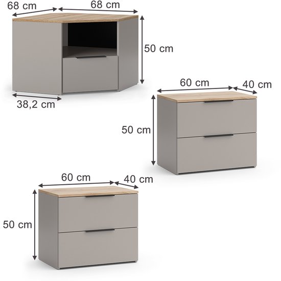 Afmetingen van de grijze kasten met houten bladen.