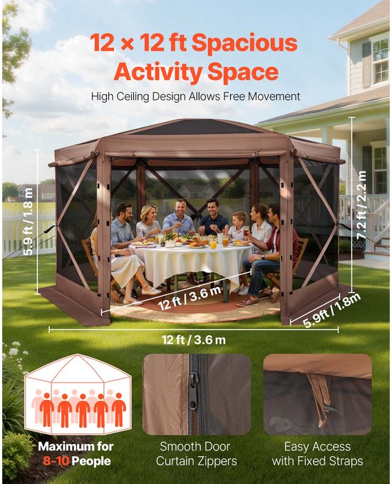 Pop-Up Gazebo Schermtent, 3.6 x 3.6 m Hexagonale Kampeer Canopy Met Losneembare Dak & Draagbare Zak, Eenvoudige Opbouw & Insectbestendig, Buiten Zonnescherm voor 8-10 Personen, Bruin van Merkloos — afbeelding 4