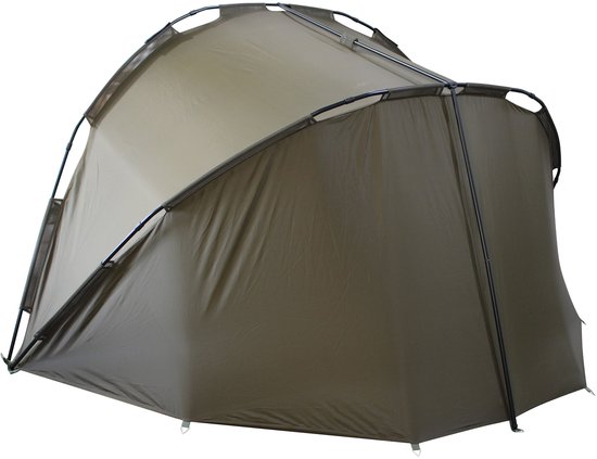 Khaki bivvy tent met open voorkant en metalen frame.
