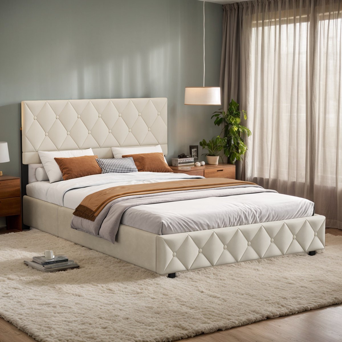 REDOM Bedframe 160x200 cm – Fluweel beige – Met zacht hoofdbord & opbergruimte – Modern
