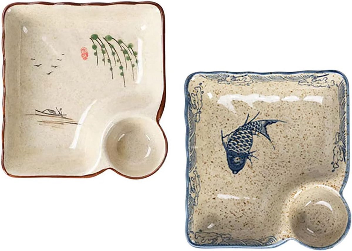 Keramische Sushi- en Dumplingbordjes, Set van 2, Vispatroon, 7,5 Inch