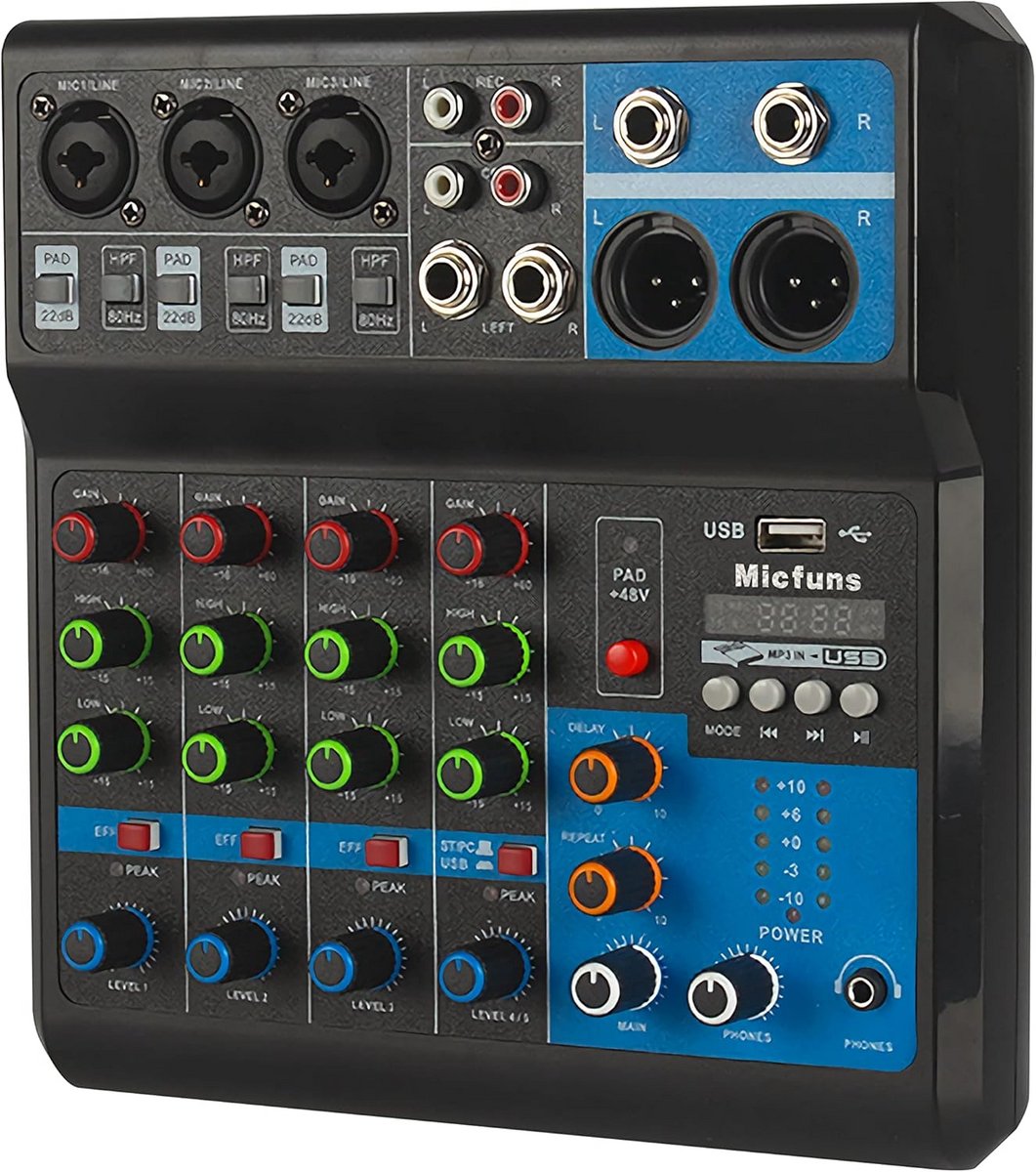 5-kanaals geluidsmixer met USB-geluidskaart voor thuismuziekproductie en webcasten