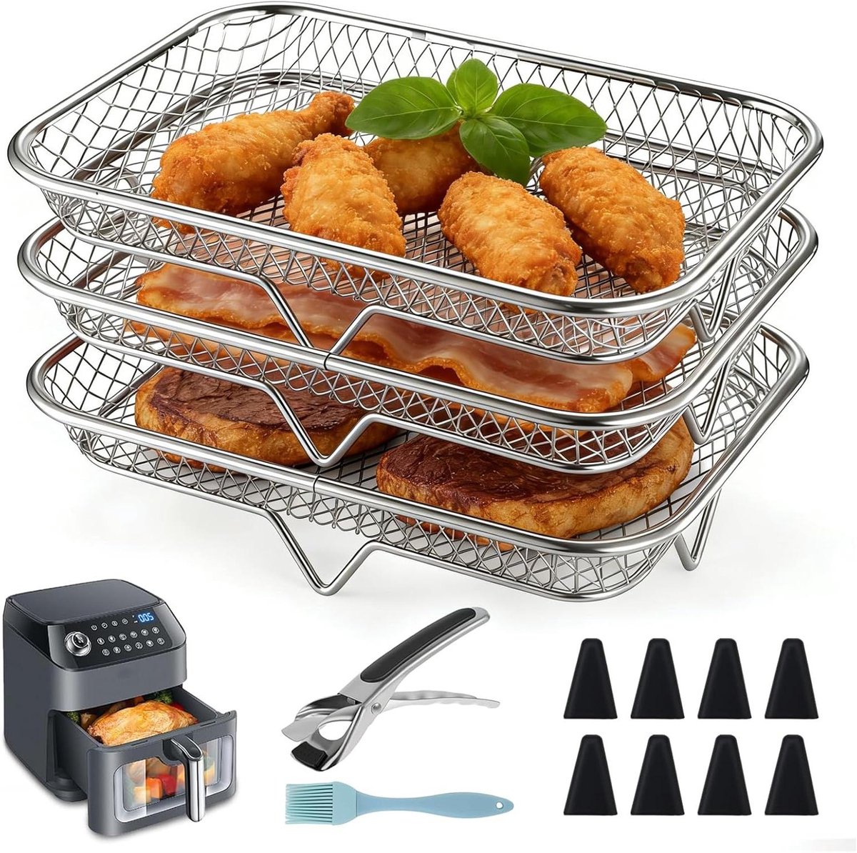 Ronte - Stapelbare manden voor heteluchtfriteuse - Rooster van 304 roestvrij staal - 19.5 * 13.5 * 4 cm.