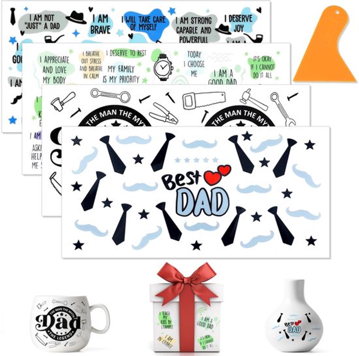 Transferstickers 4 vellen - Vaderdag designs met schraper - Waterdicht en veelzijdig voor decoratie