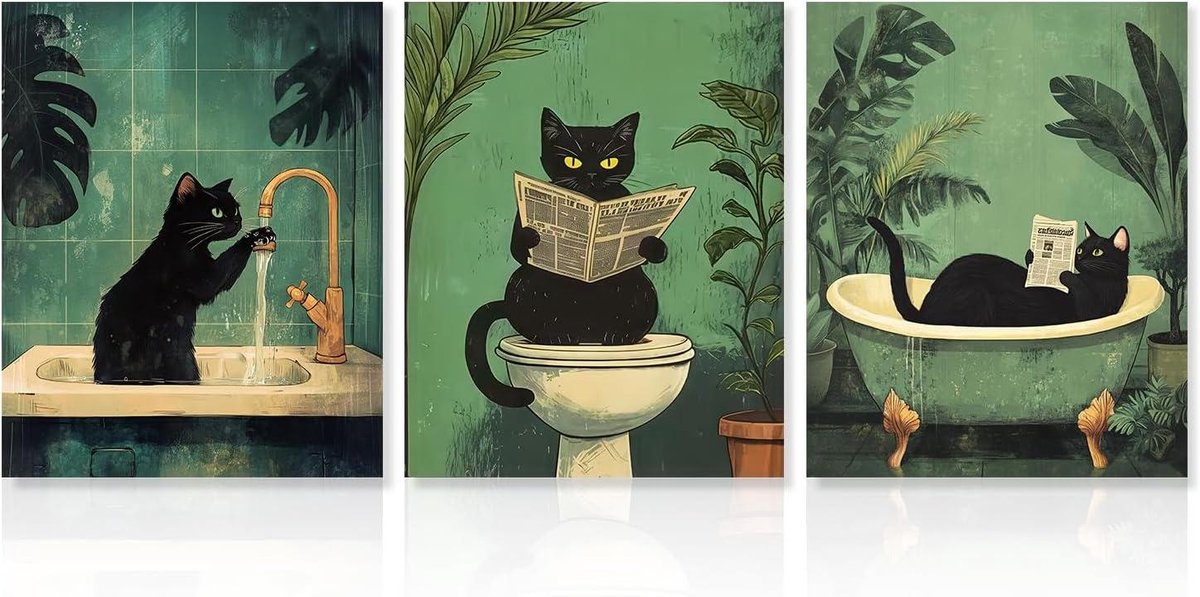 Ronte - Grappige Kat Badkamer Kunst Aan De Muur | Zwarte Kat Art Prints voor Badkamer Inrichting | Vintage Stijl 20X25 cm