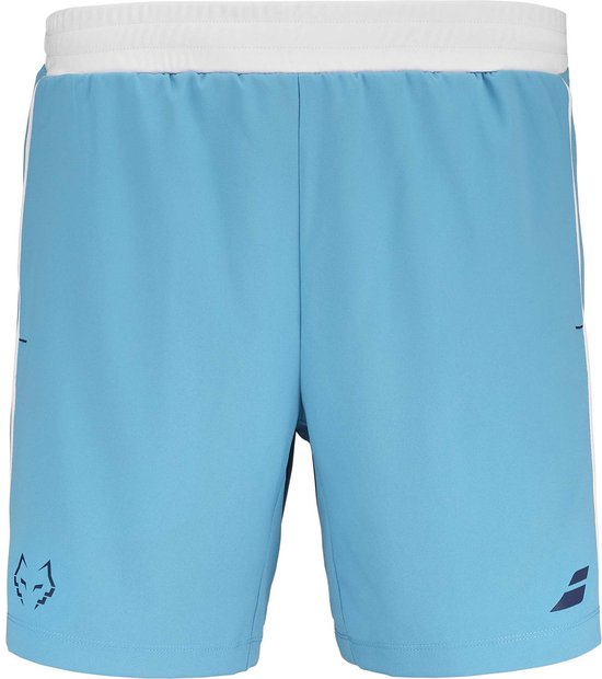 Lichtblauwe sportbroek met witte tailleband en witte biezen.