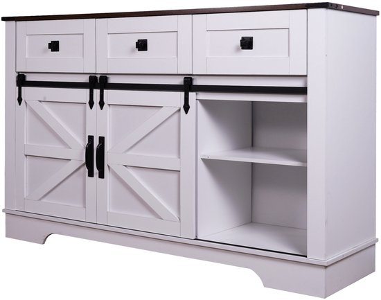 Dressoir 136×40×87 cm Wit Bruin Met Schuifdeur Landelijke Stijl Met 3 Lades Wijnrek En Glazenhouder Grote Opslag Kast